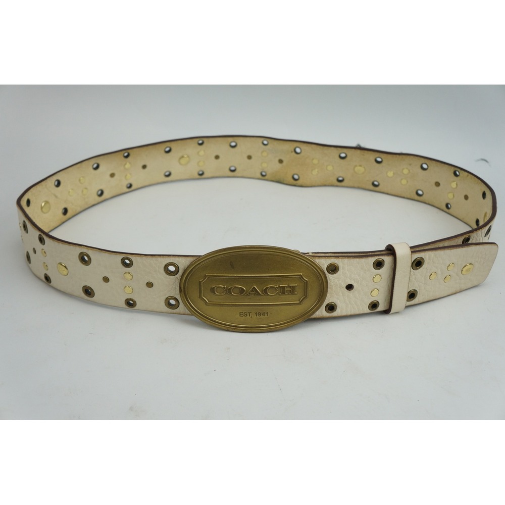Coach Y2k Leatherbelt Belt XL Cream Leather Studded Brass Logo Buckle Good